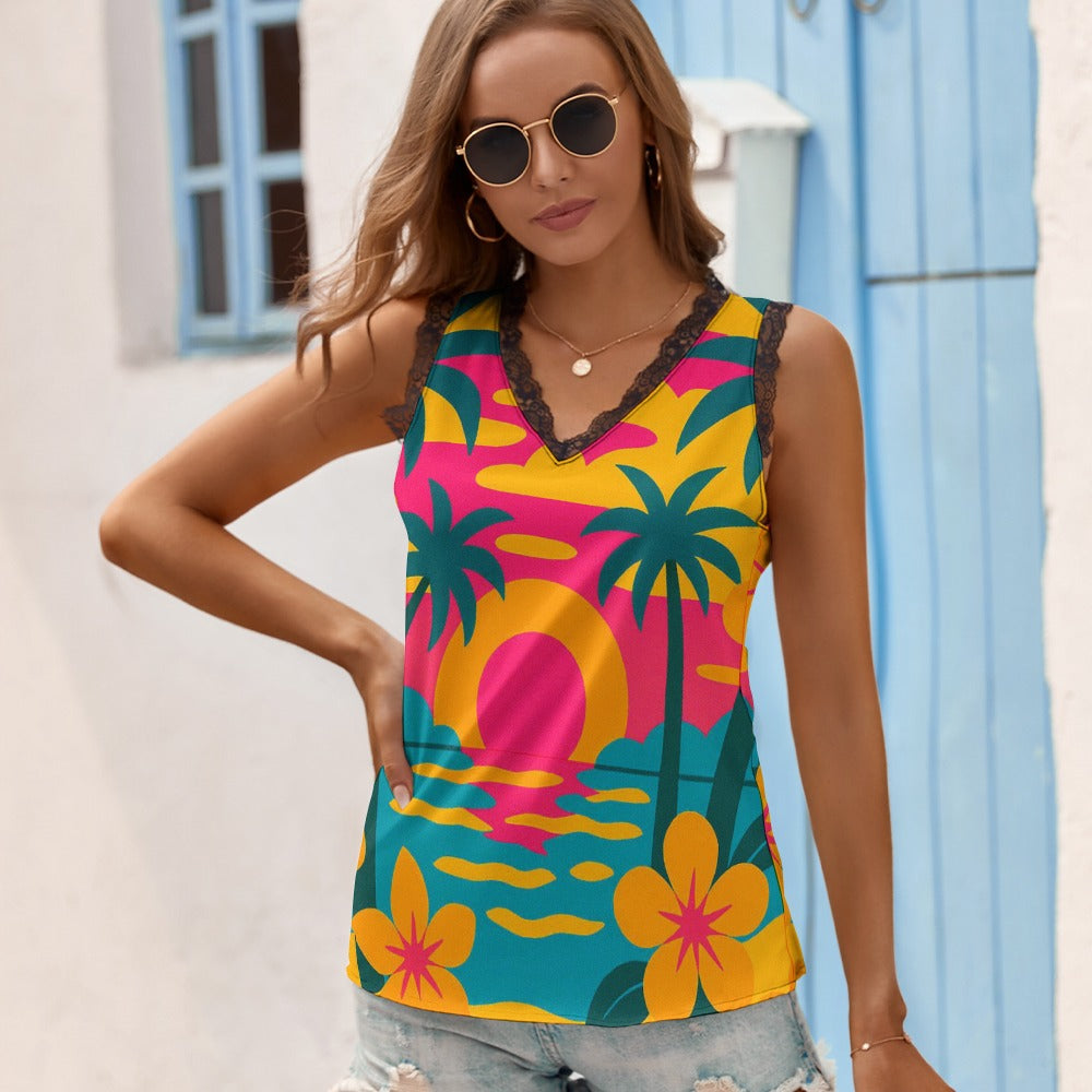 Black Chrysanthemum Women's V-Neck Sleeveless Top