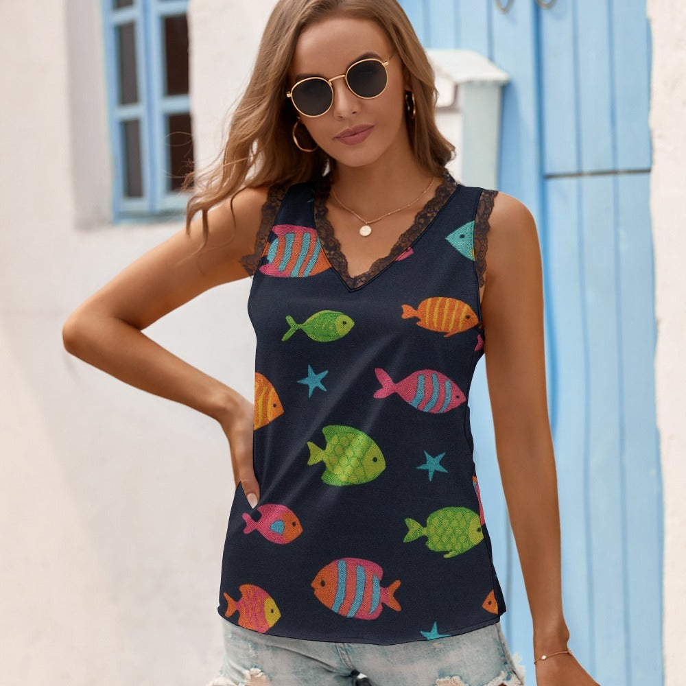 Black Chrysanthemum Women's V-Neck Sleeveless Top