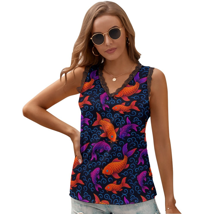 Black Chrysanthemum Women's V-Neck Sleeveless Top