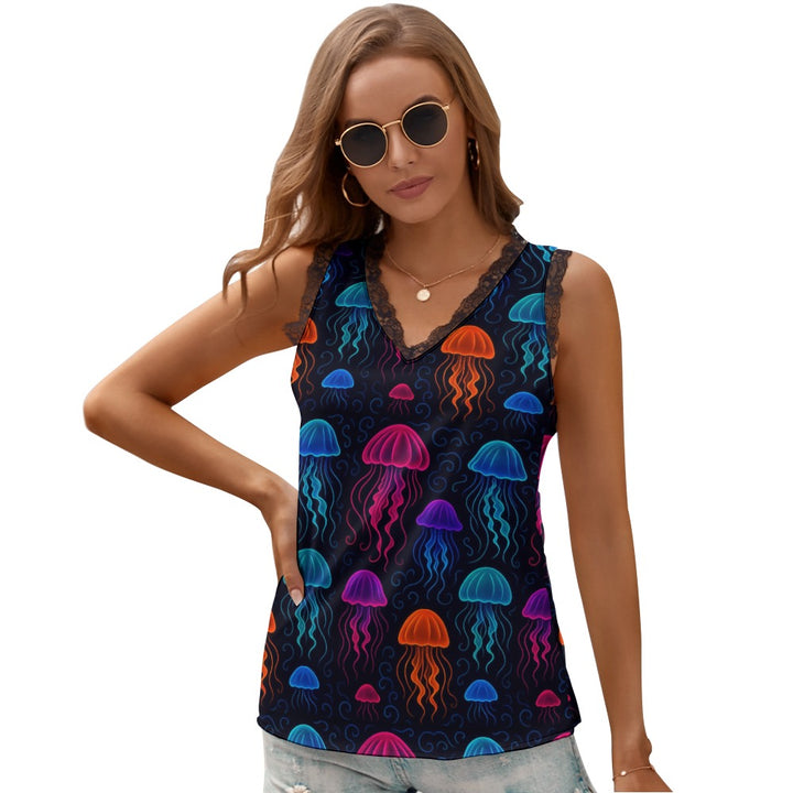 Black Chrysanthemum Women's V-Neck Sleeveless Top