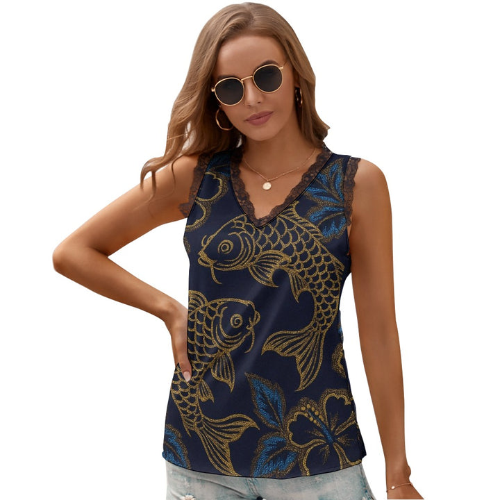 Black Chrysanthemum Women's V-Neck Sleeveless Top