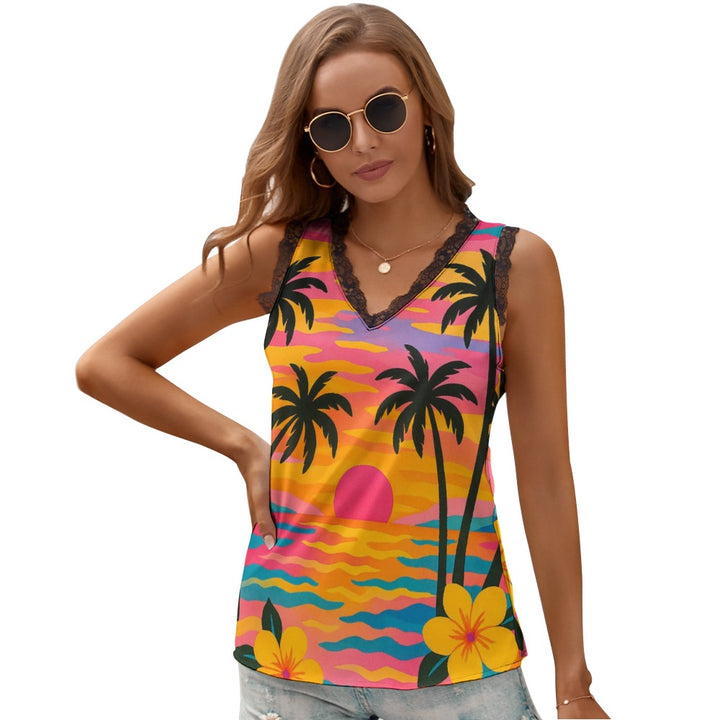 Black Chrysanthemum Women's V-Neck Sleeveless Top
