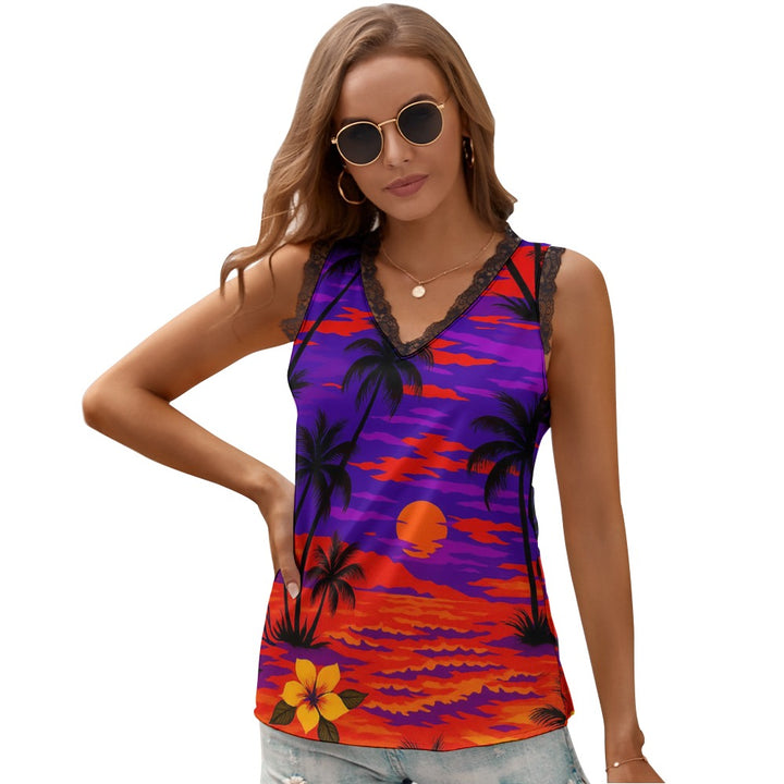 Black Chrysanthemum Women's V-Neck Sleeveless Top