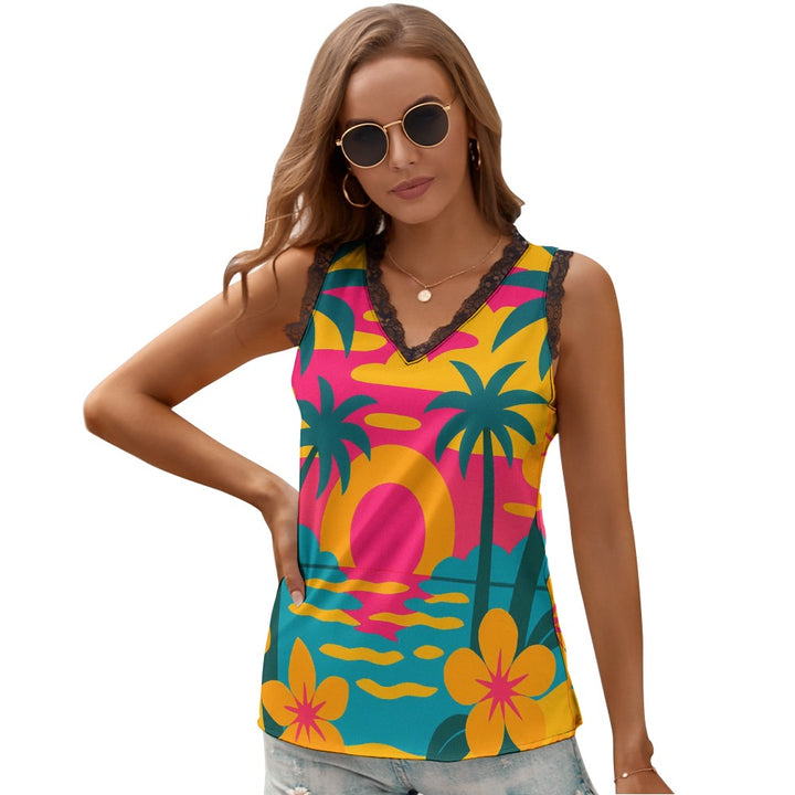 Black Chrysanthemum Women's V-Neck Sleeveless Top