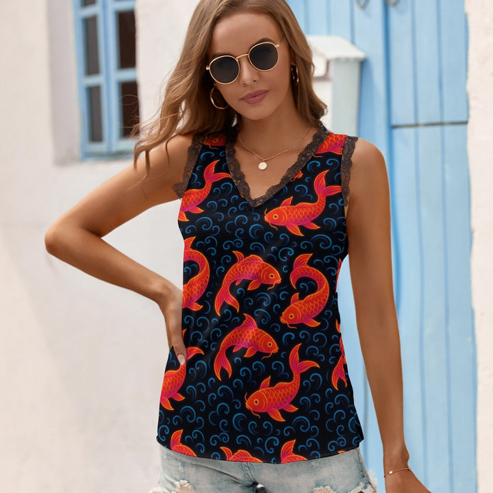 Black Chrysanthemum Women's V-Neck Sleeveless Top