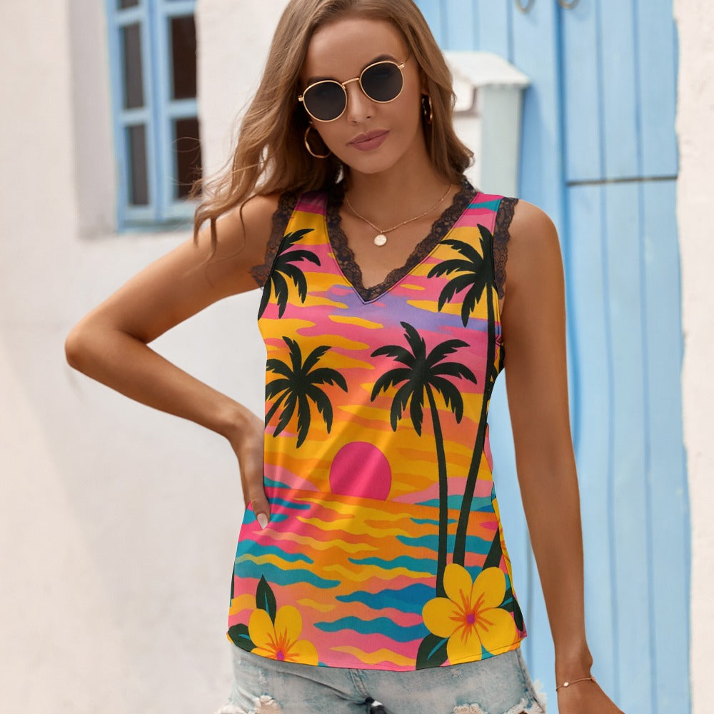 Black Chrysanthemum Women's V-Neck Sleeveless Top