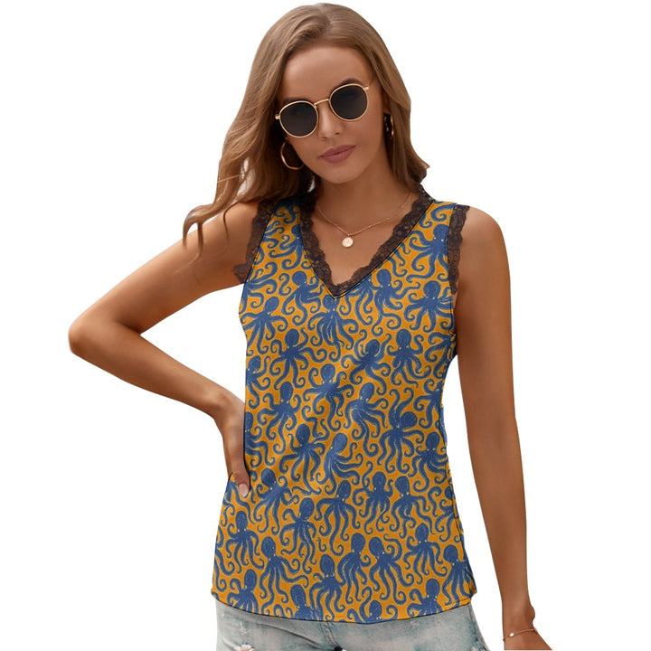Black Chrysanthemum Women's V-Neck Sleeveless Top