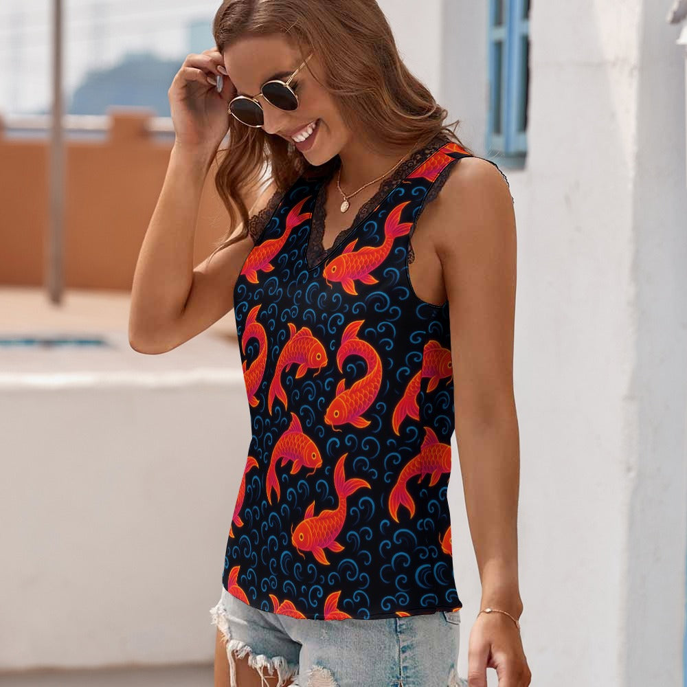 Black Chrysanthemum Women's V-Neck Sleeveless Top