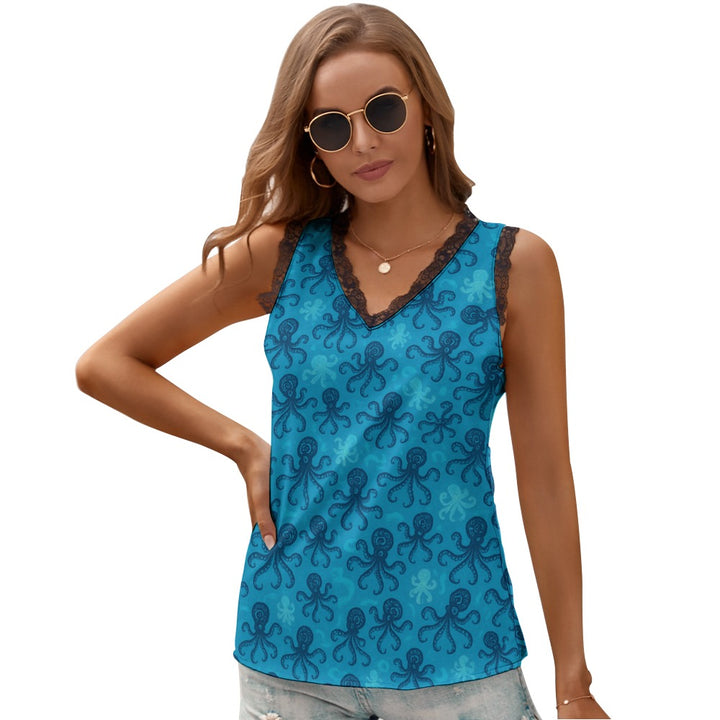 Black Chrysanthemum Women's V-Neck Sleeveless Top
